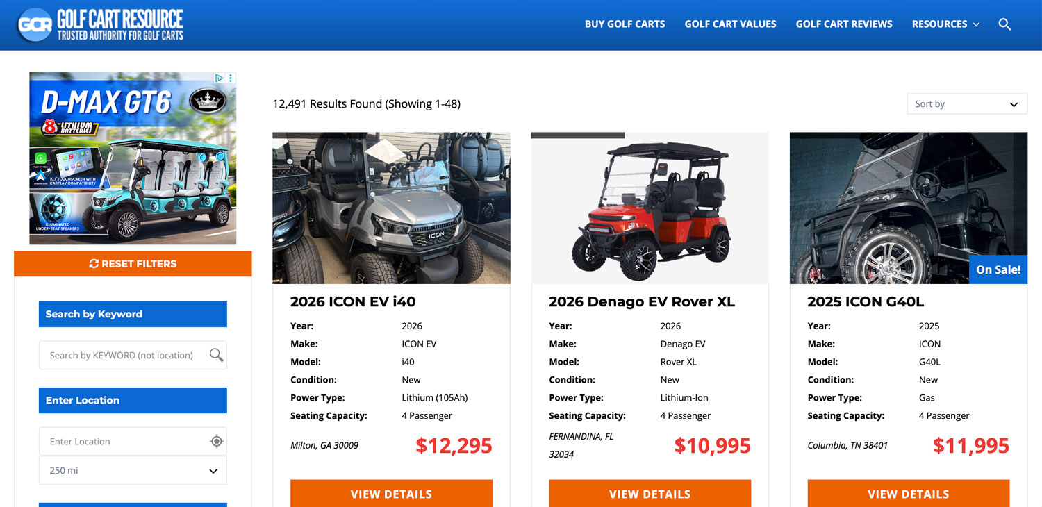 Golf Cart Resource marketplace inventory browsing example